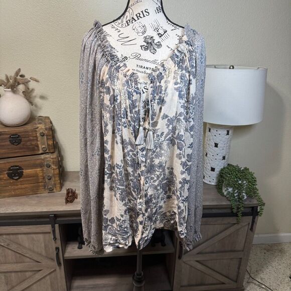 Free People Neutral Balloon Tassel Hendrix Ditsy Floral Print Peasant Blouse Med - Picture 4 of 11